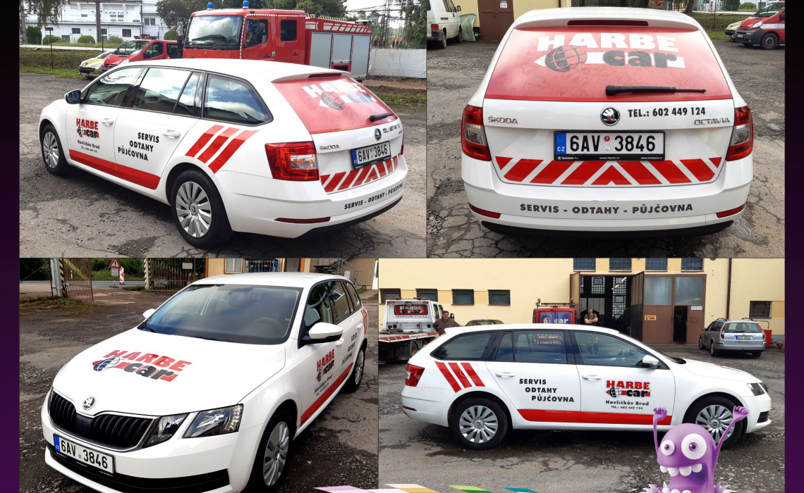 PIXEL reklama s.r.o. - polep vozu HarbeCar - reflexní fólie + fólie OneWayVision na okno